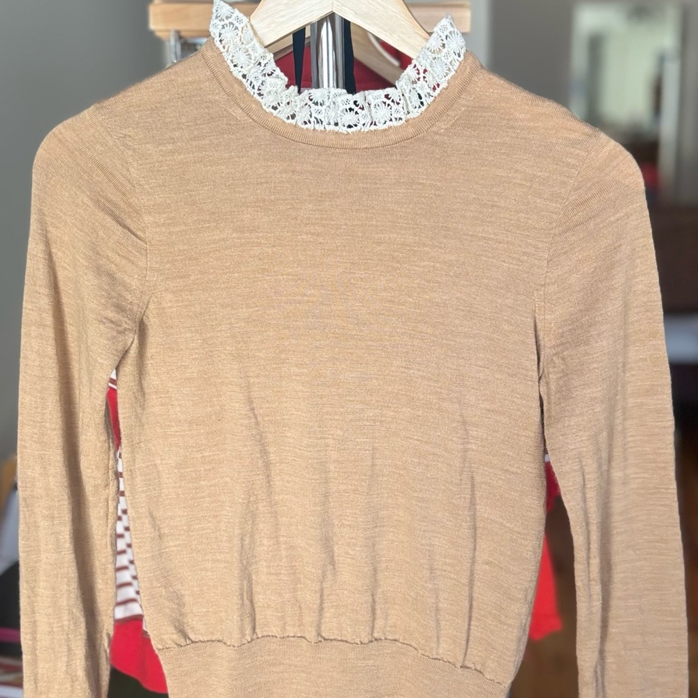 J. Crew Tan Top with White Lace Trim